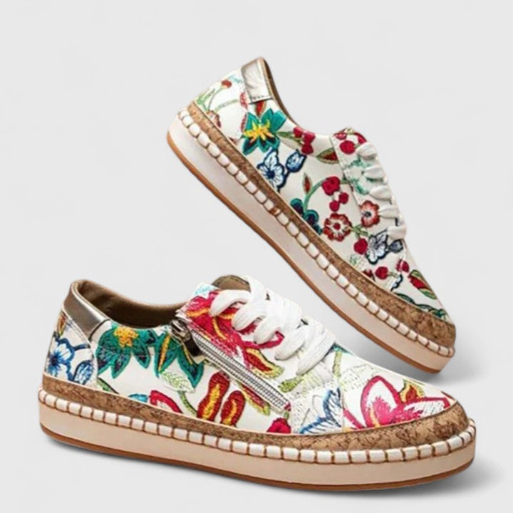 Women's Floral Print Platform Lace-Up Sneakers with Cork Sole – Zalumo