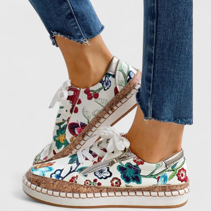Women's Floral Print Platform Lace-Up Sneakers with Cork Sole – Zalumo