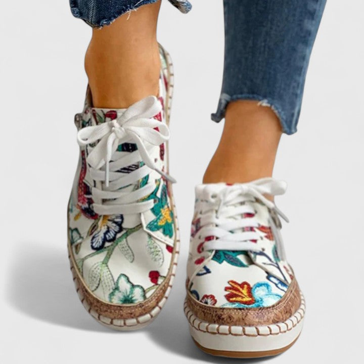Women's Floral Print Platform Lace-Up Sneakers with Cork Sole – Zalumo
