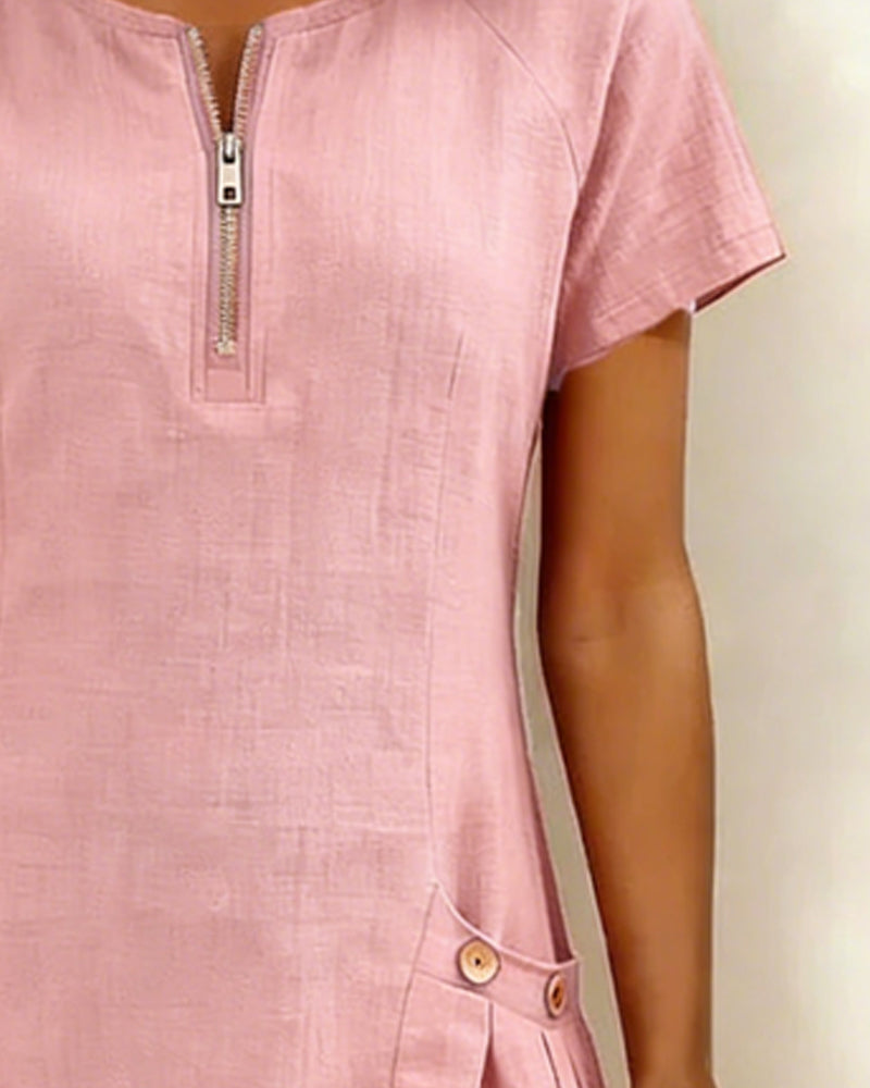 Women's Shift Dress Short Sleeve Zip Neck with Pockets – Zalumo