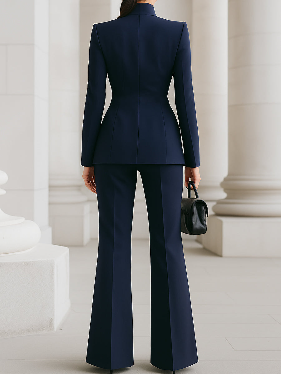 Women's Stand Collar Blazer & Wide Leg Pants Suit Set – Zalumo
