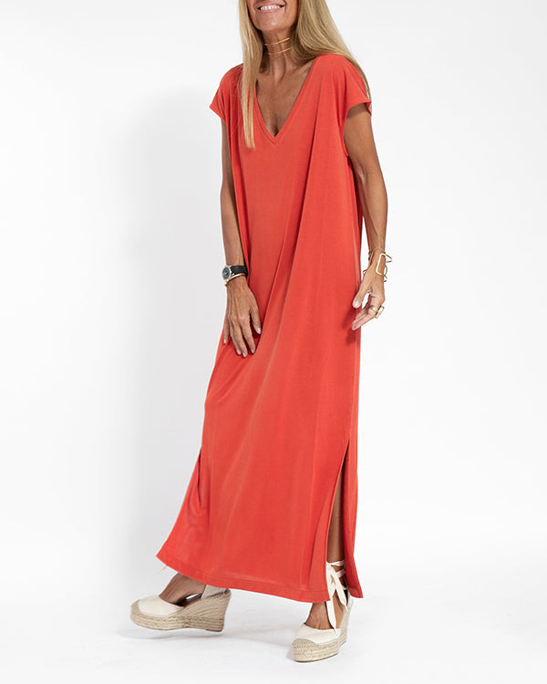 Women's V-Neck Short Sleeve Side Slit Maxi Dress – Zalumo