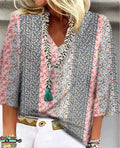 Women's Ditsy Floral Patchwork V-Neck 3/4 Sleeve Top – Zalumo