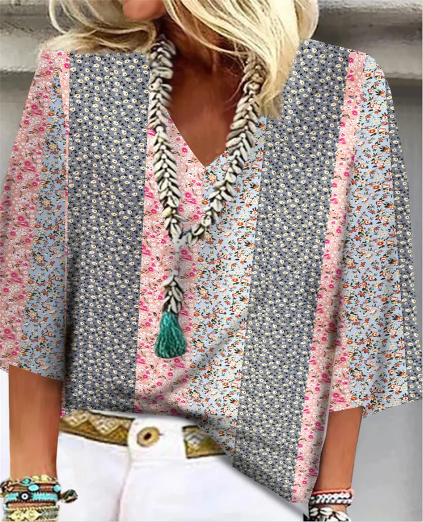 Women's Ditsy Floral Patchwork V-Neck 3/4 Sleeve Top – Zalumo