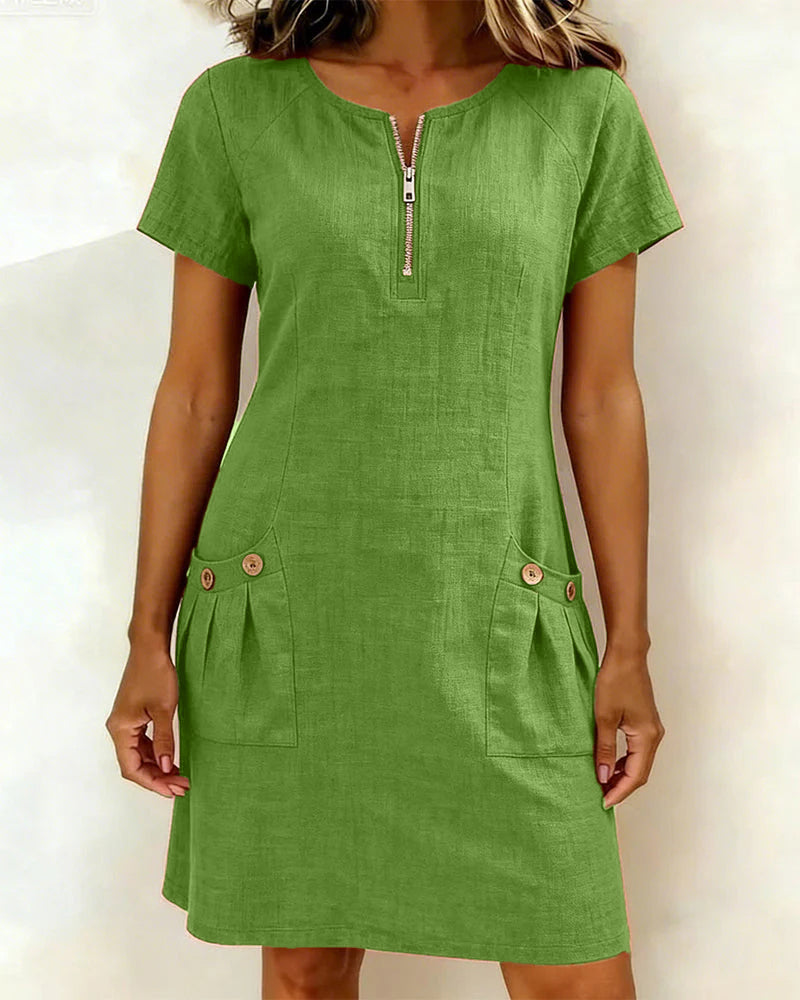 Women's Shift Dress Short Sleeve Zip Neck with Pockets – Zalumo
