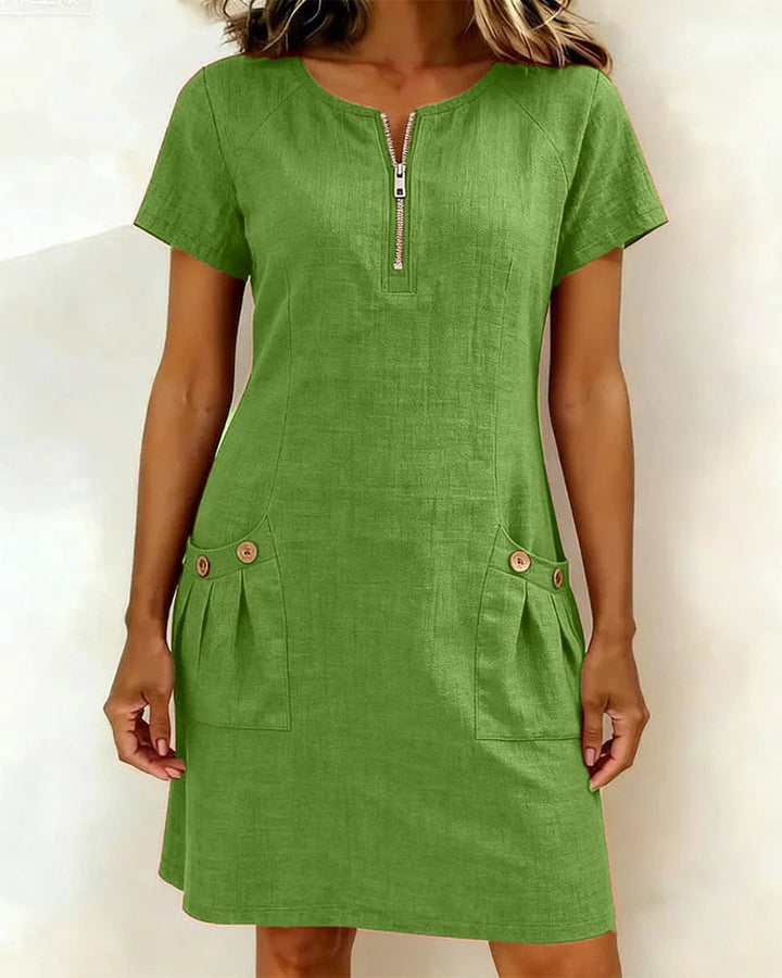 Women's Shift Dress Short Sleeve Zip Neck with Pockets – Zalumo