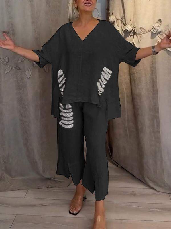 Women's Casual 2 Piece Set V-Neck Top and Cropped Pants – Zalumo