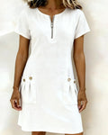Women's Shift Dress Short Sleeve Zip Neck with Pockets – Zalumo