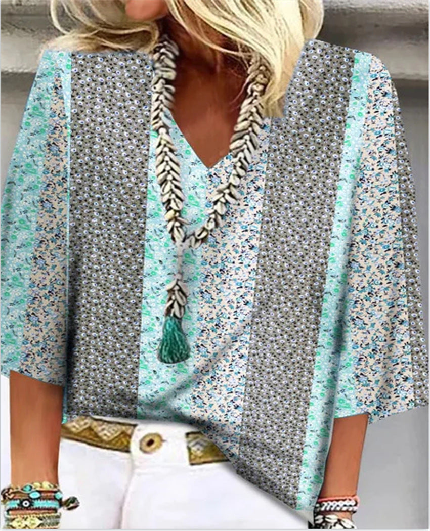 Women's Ditsy Floral Patchwork V-Neck 3/4 Sleeve Top – Zalumo