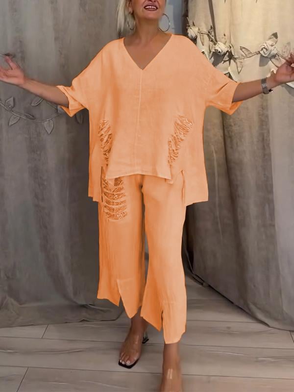 Women's Casual 2 Piece Set V-Neck Top and Cropped Pants – Zalumo