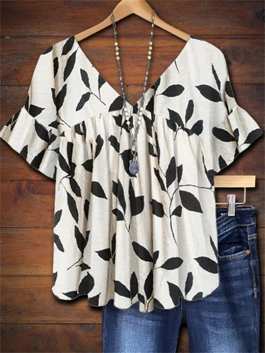 Women's Leaf Print V-Neck Ruffle Short Sleeve Blouse – Zalumo