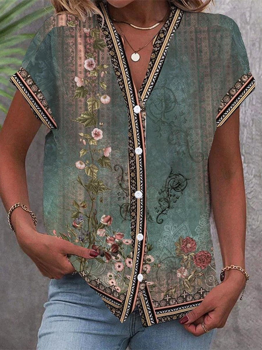 Women's Vintage Floral Print V-Neck Button-Down Blouse – Zalumo