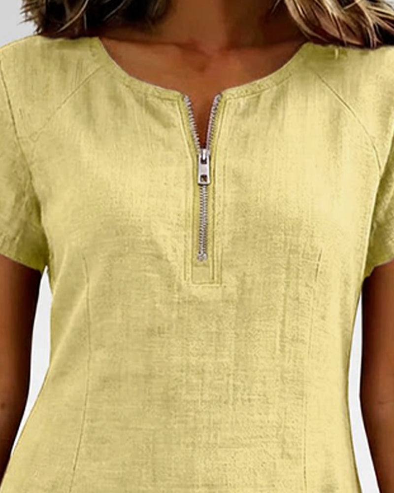 Women's Shift Dress Short Sleeve Zip Neck with Pockets – Zalumo
