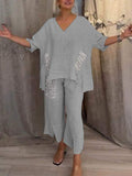 Women's Casual 2 Piece Set V-Neck Top and Cropped Pants – Zalumo