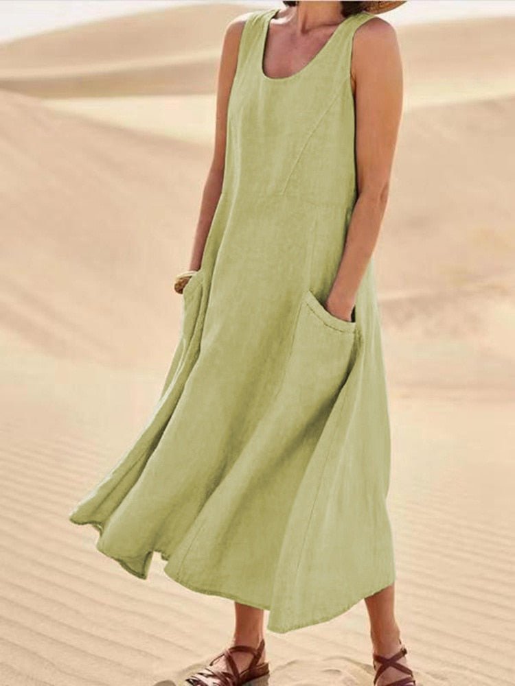 Women's Casual Sleeveless Maxi Dress Scoop Neck Pockets – Zalumo