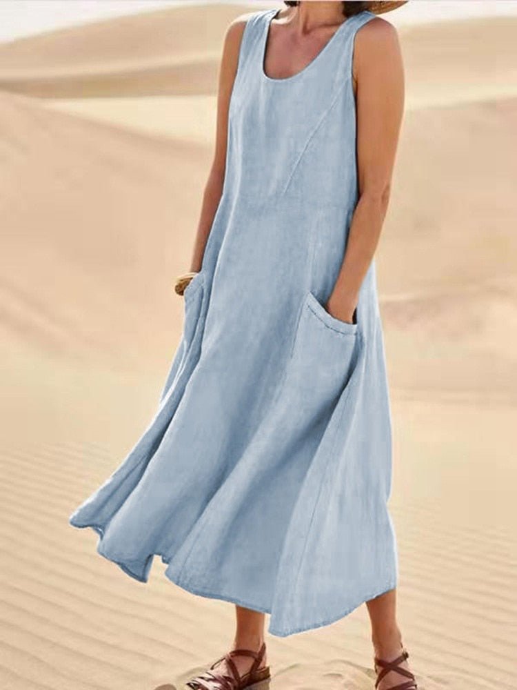 Women's Casual Sleeveless Maxi Dress Scoop Neck Pockets – Zalumo