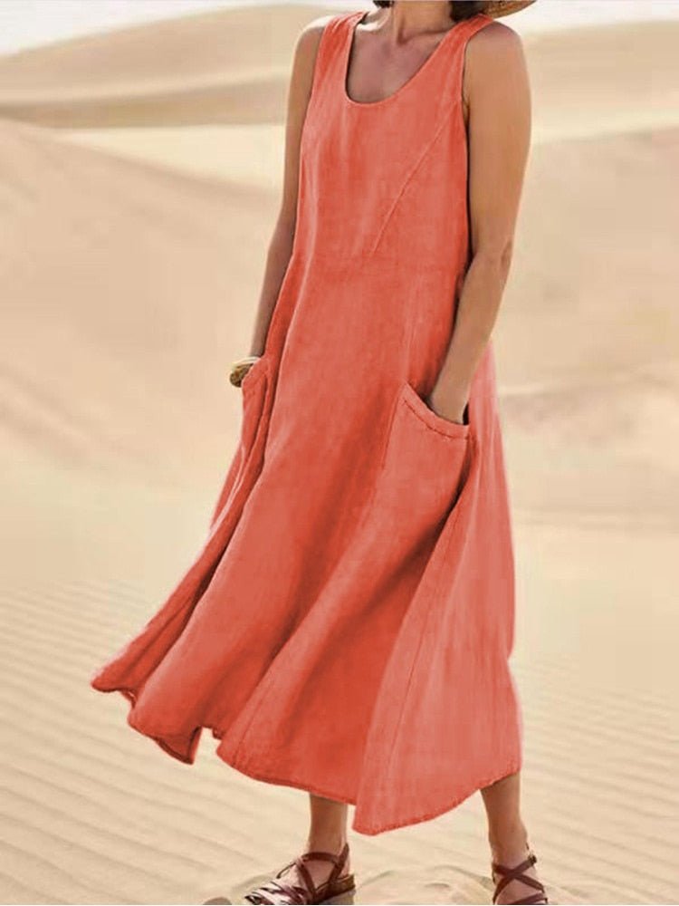 Women's Casual Sleeveless Maxi Dress Scoop Neck Pockets – Zalumo