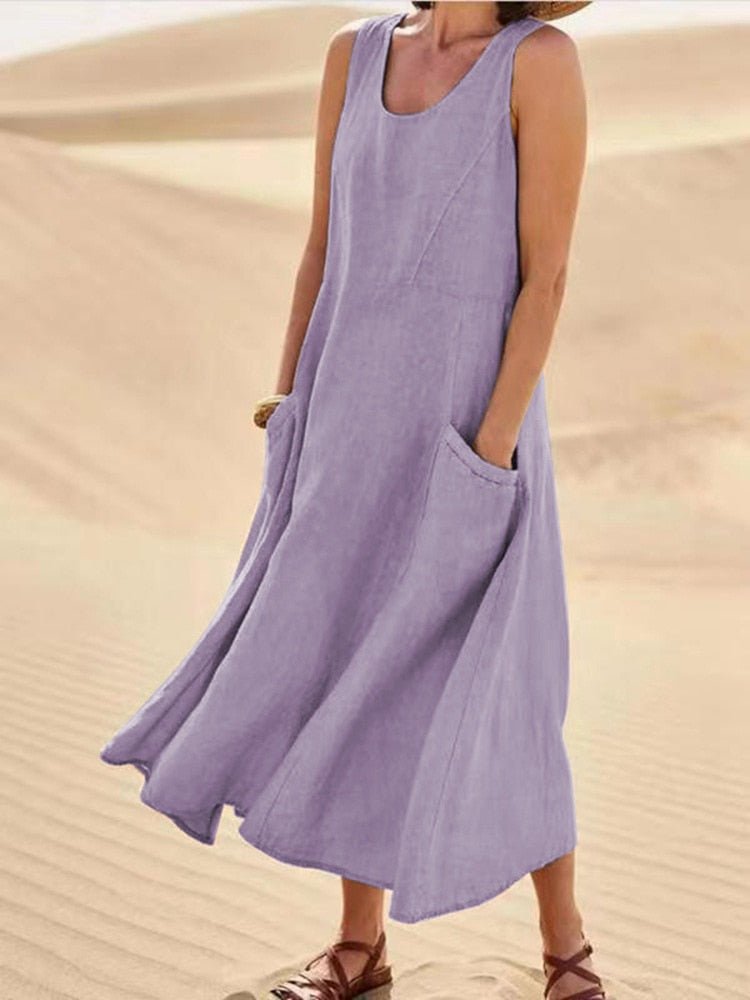 Women's Casual Sleeveless Maxi Dress Scoop Neck Pockets – Zalumo