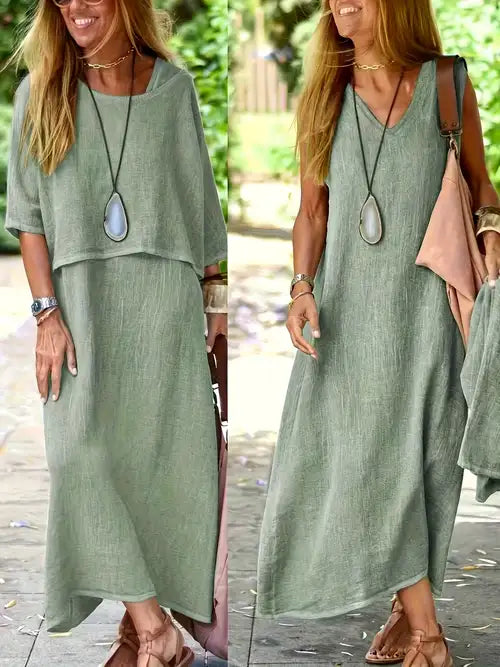 Women's Two-Piece Set Maxi Dress & Short Sleeve Top – Zalumo