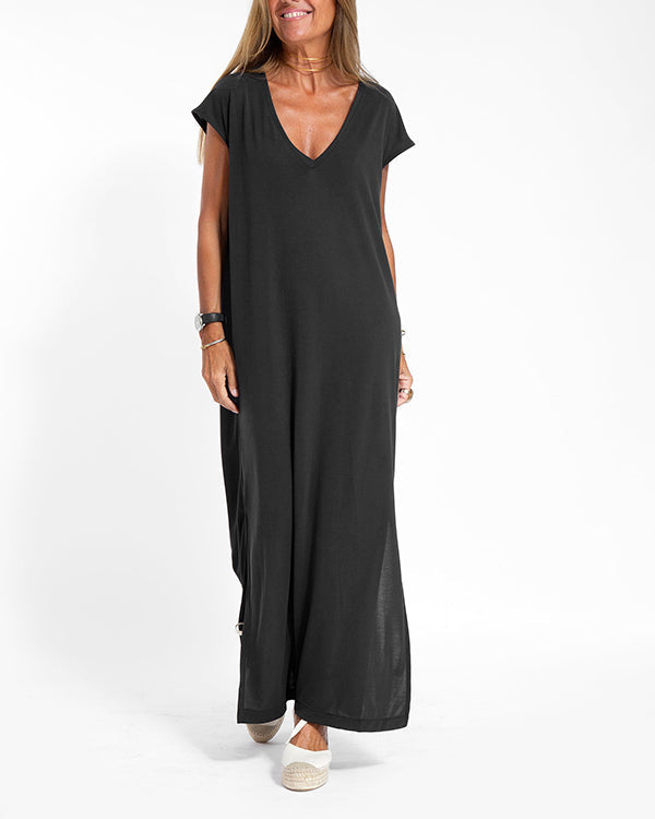 Women's V-Neck Short Sleeve Side Slit Maxi Dress – Zalumo