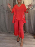 Women's Casual 2 Piece Set V-Neck Top and Cropped Pants – Zalumo