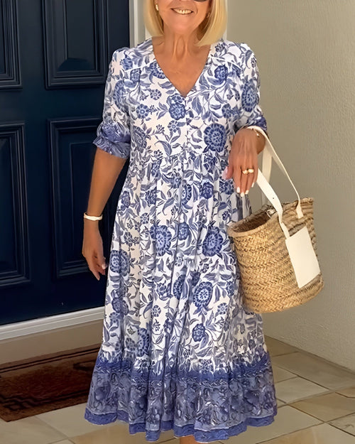 Elegant Floral Dress with V-Neck – Zalumo