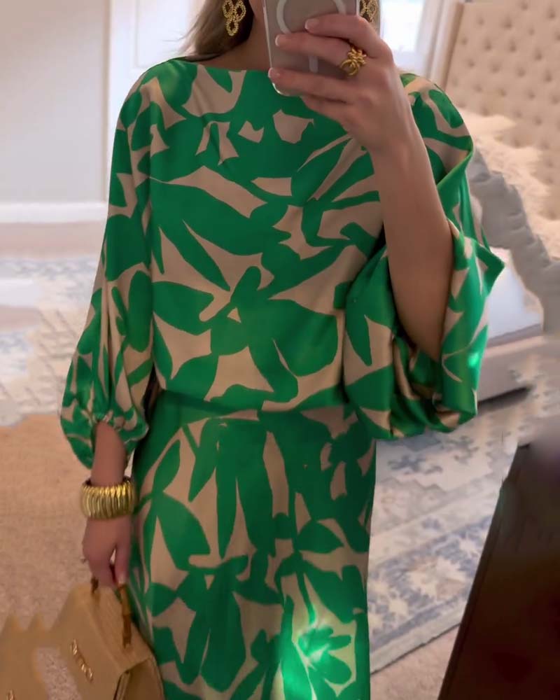 Two-Piece Printed Set with Lantern Sleeves – Zalumo