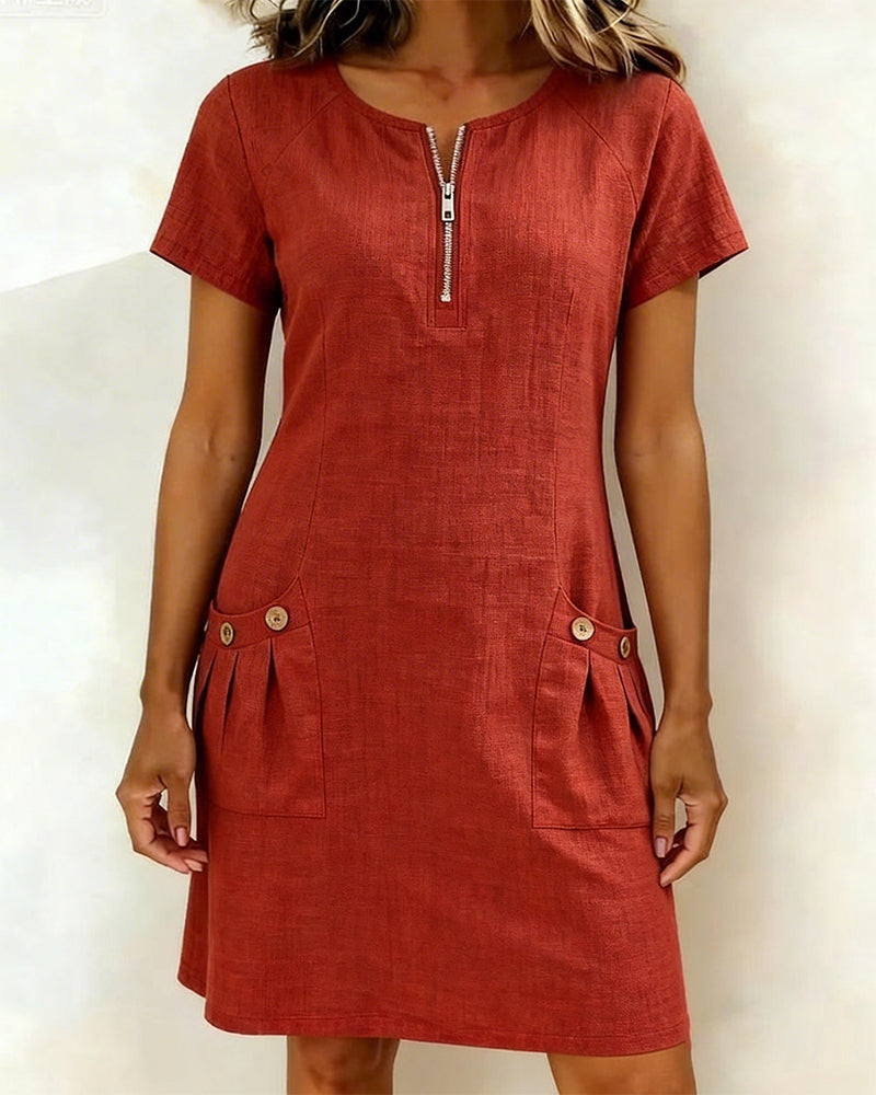 Women's Shift Dress Short Sleeve Zip Neck with Pockets – Zalumo