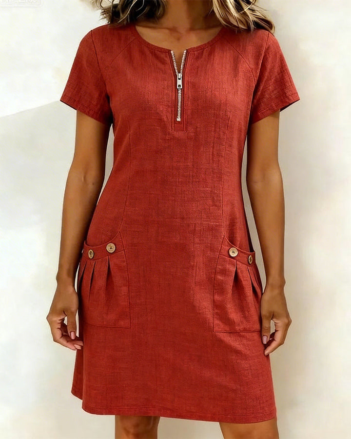 Women's Shift Dress Short Sleeve Zip Neck with Pockets – Zalumo