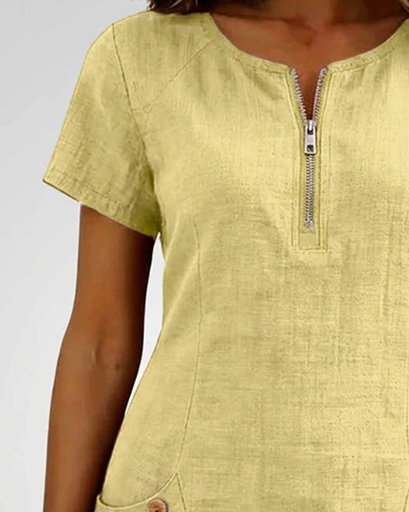 Women's Shift Dress Short Sleeve Zip Neck with Pockets – Zalumo