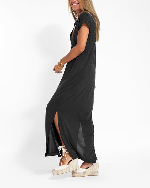 Women's V-Neck Short Sleeve Side Slit Maxi Dress – Zalumo