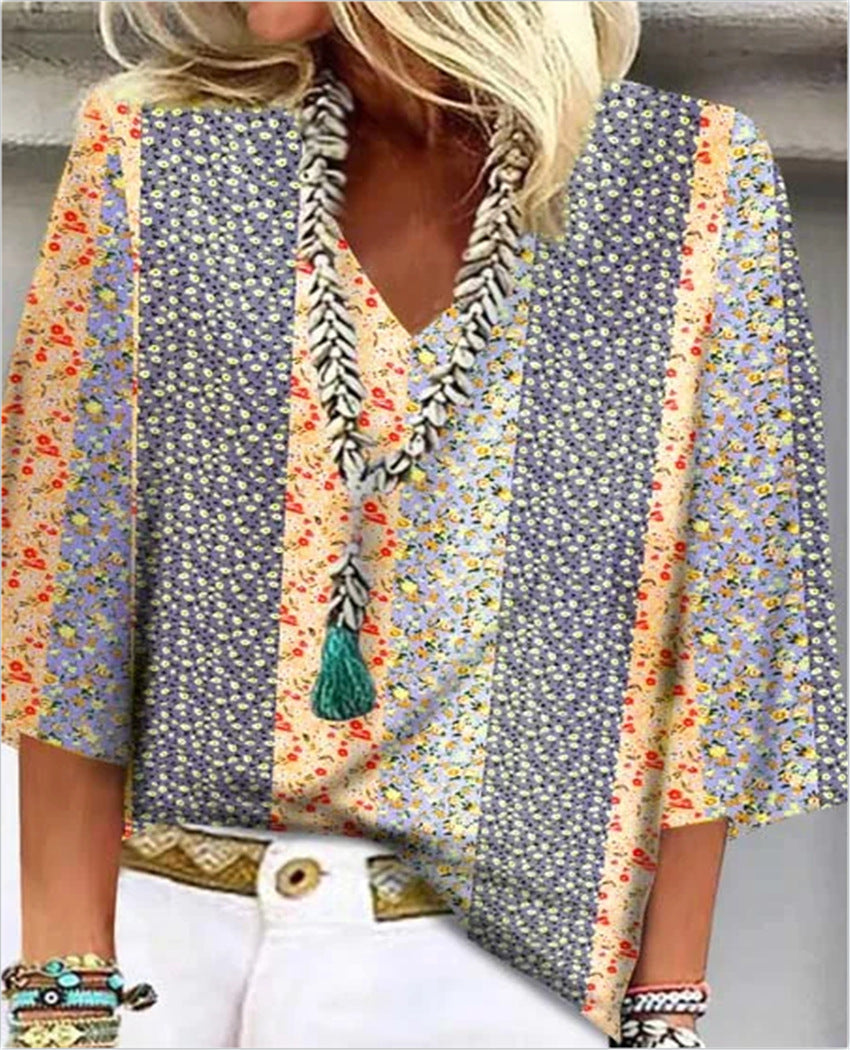 Women's Ditsy Floral Patchwork V-Neck 3/4 Sleeve Top – Zalumo