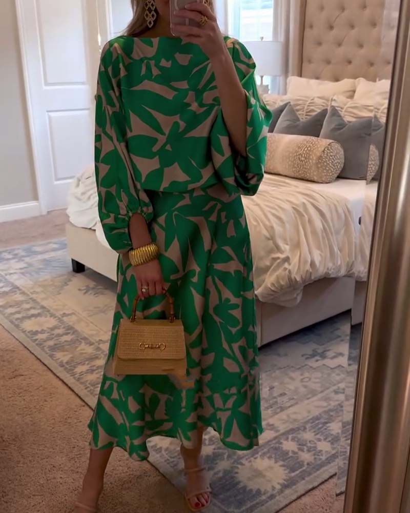 Two-Piece Printed Set with Lantern Sleeves – Zalumo