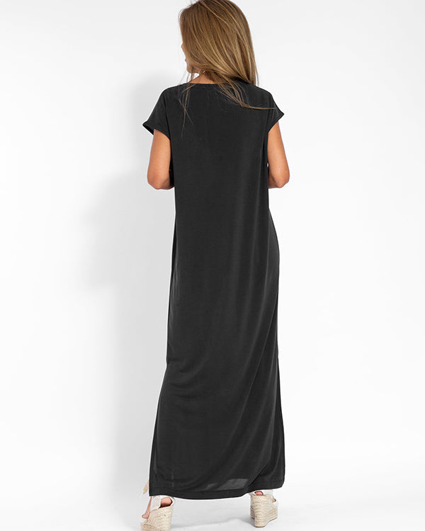 Women's V-Neck Short Sleeve Side Slit Maxi Dress – Zalumo