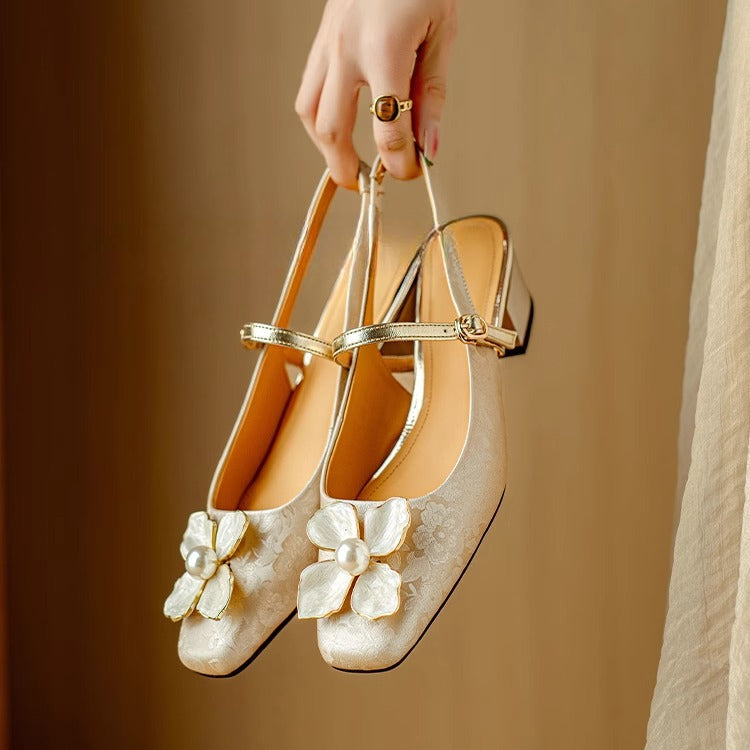 Women's Floral Slingback Pumps Square Toe Block Heel Shoes – Zalumo