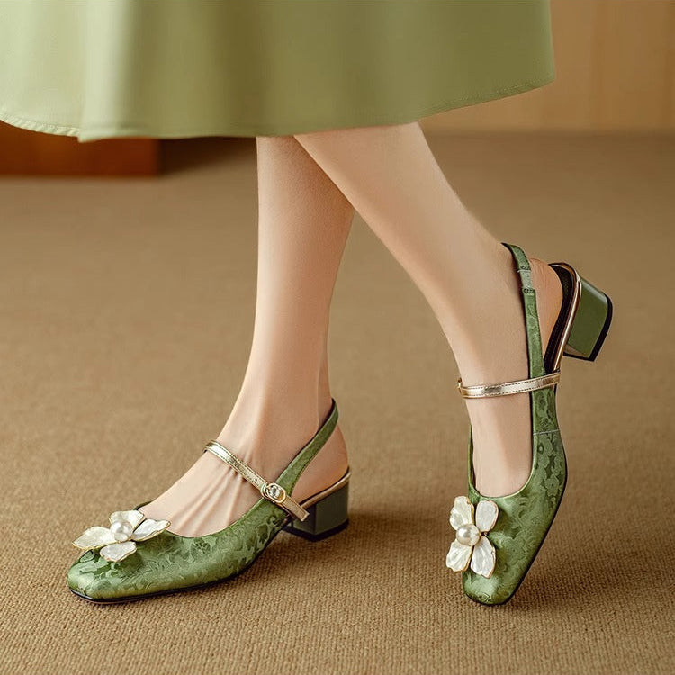 Women's Floral Mary Jane Pumps Block Heel Jacquard Strap – Zalumo