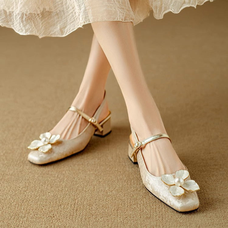 Women's Floral Mary Jane Pumps Block Heel Jacquard Strap – Zalumo