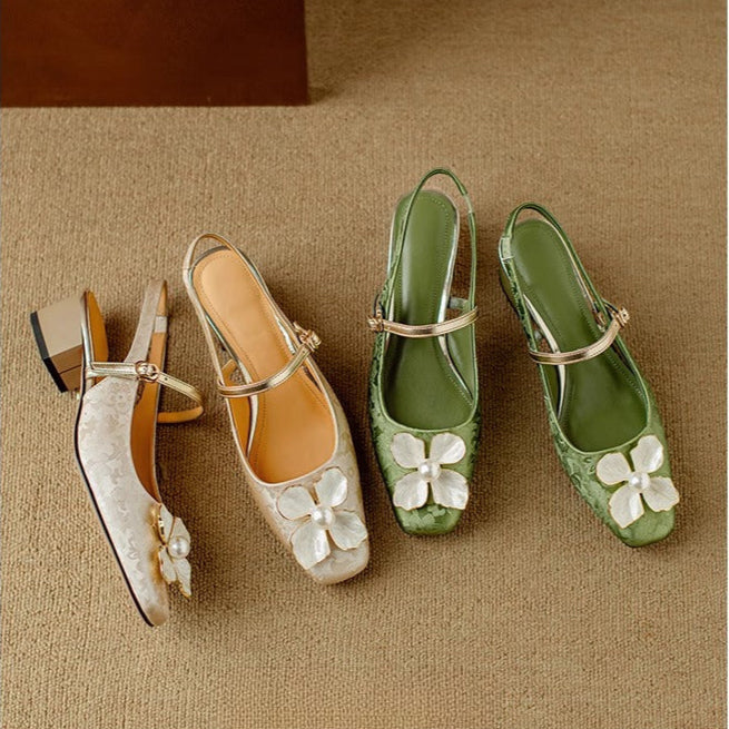 Women's Floral Slingback Pumps Square Toe Block Heel Shoes – Zalumo