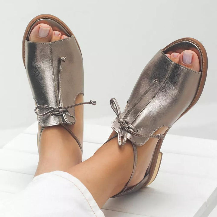 Women's Metallic Open Toe Sandals Bow Tie Strap Flat – Zalumo