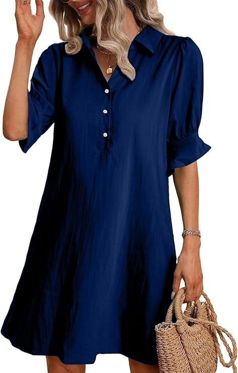 Women's Button-Down Shirt Dress 3/4 Sleeve Knee Length – Zalumo