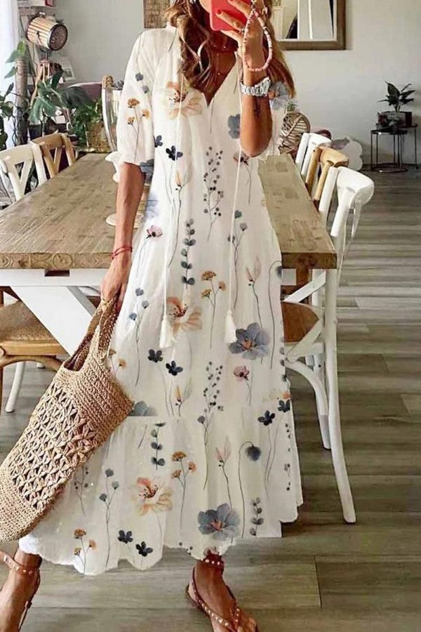 Women's Floral Print V-Neck Tassel Maxi Dress Boho – Zalumo