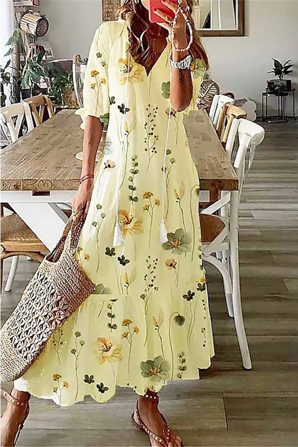 Women's Floral Print V-Neck Tassel Maxi Dress Boho – Zalumo