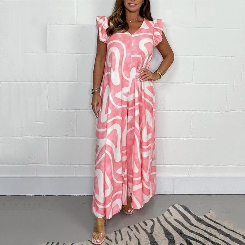 Women's Abstract Print V-Neck Ruffle Sleeve Wide Leg Jumpsuit – Zalumo