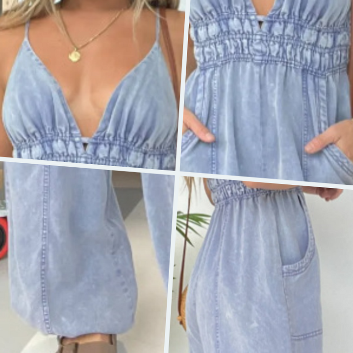 Women's Denim Jumpsuit V-Neck Spaghetti Strap Wide Leg Romper – Zalumo