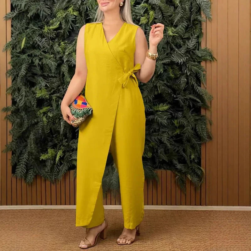 Women's Wrap V-Neck Sleeveless Wide Leg Jumpsuit Belted – Zalumo