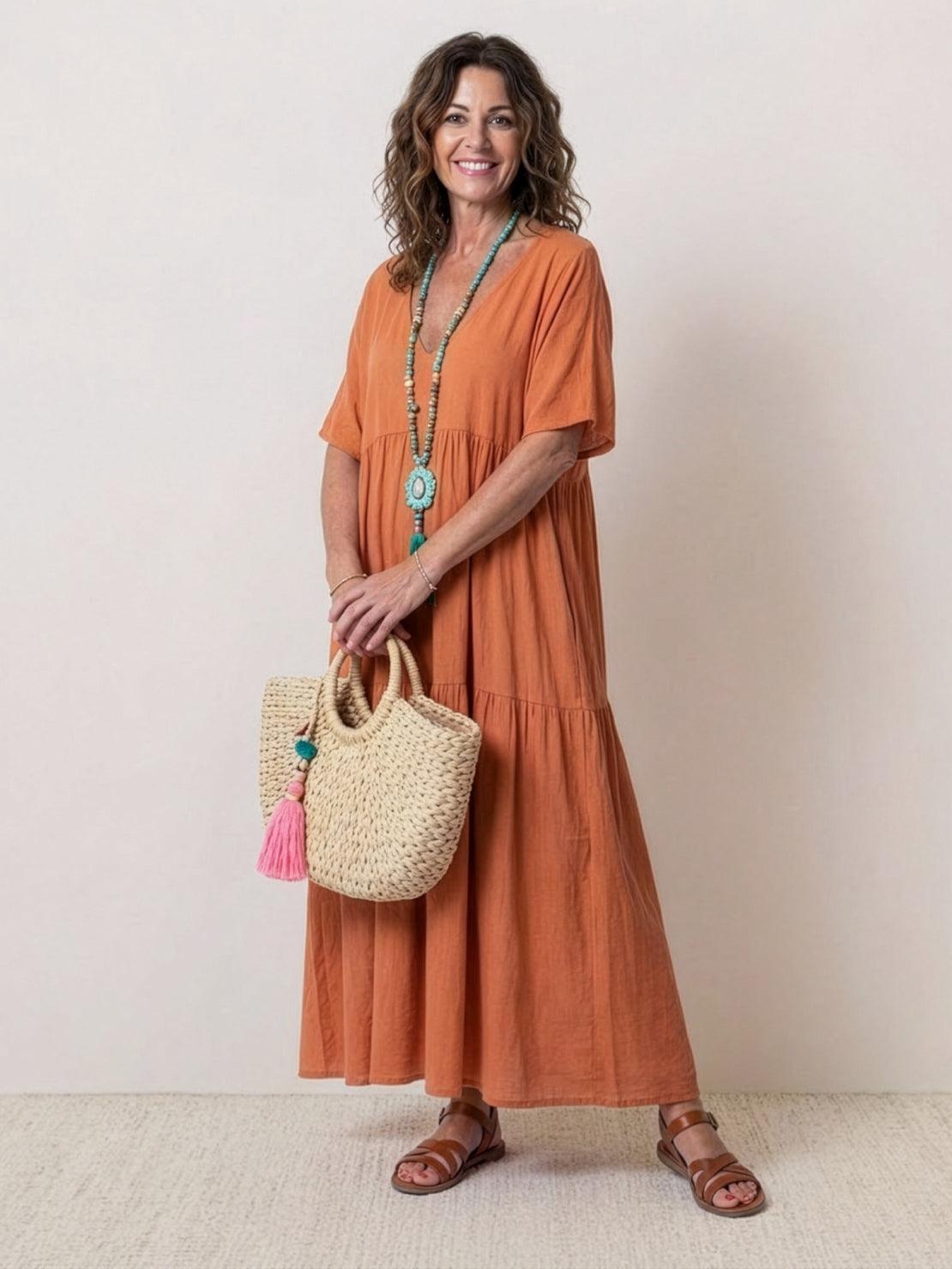 Women's V-Neck Tiered Maxi Swing Dress with Short Sleeves – Zalumo