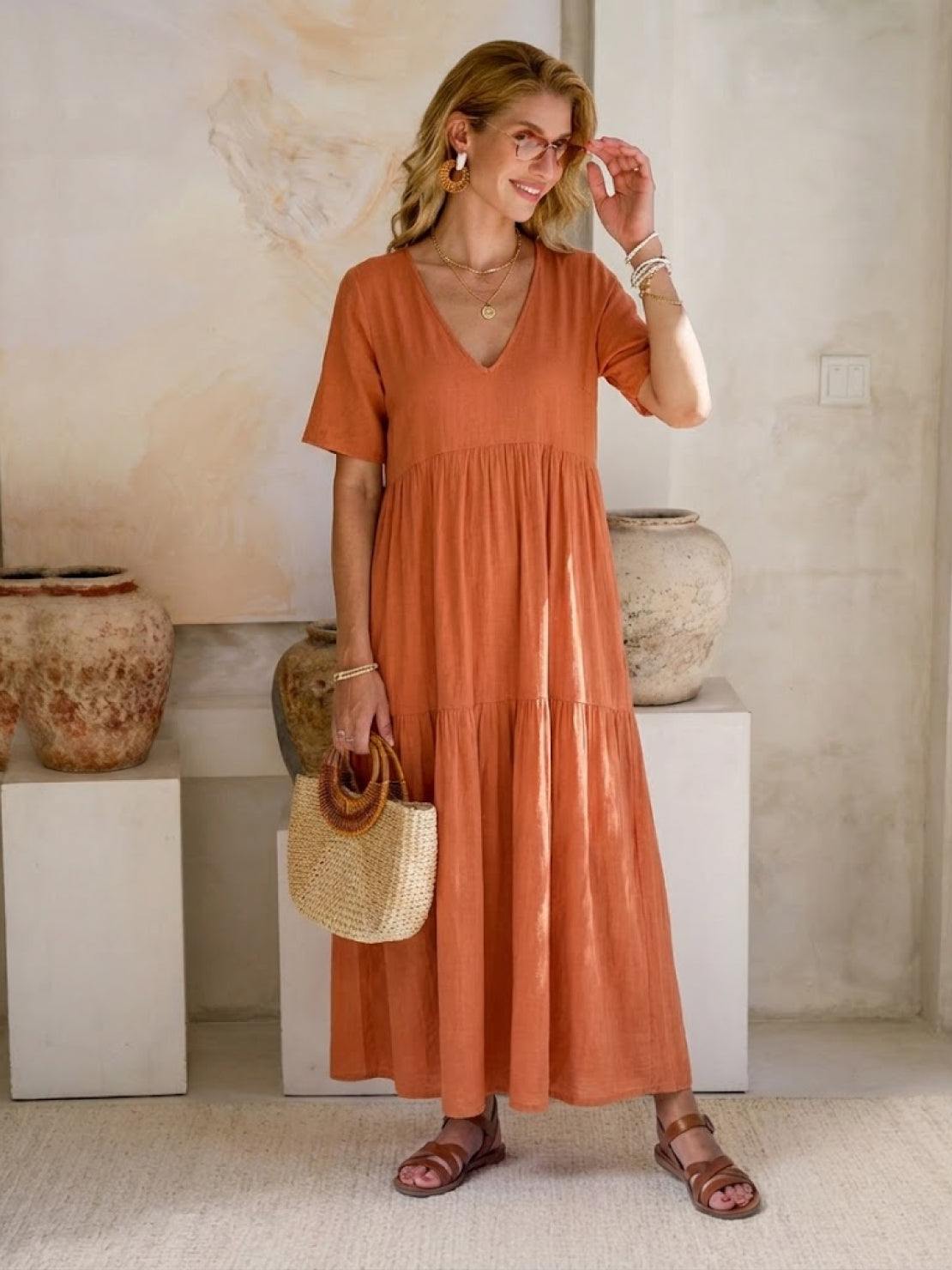 Women's V-Neck Tiered Maxi Swing Dress with Short Sleeves – Zalumo
