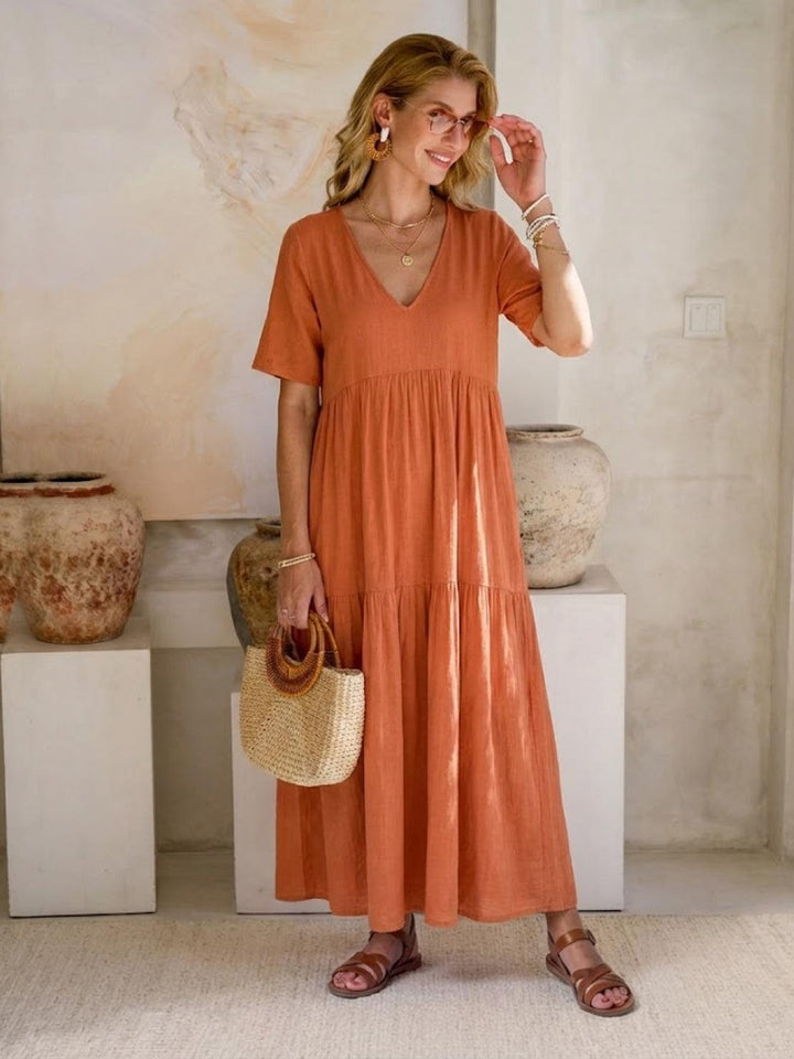 Women's V-Neck Tiered Maxi Swing Dress with Short Sleeves – Zalumo