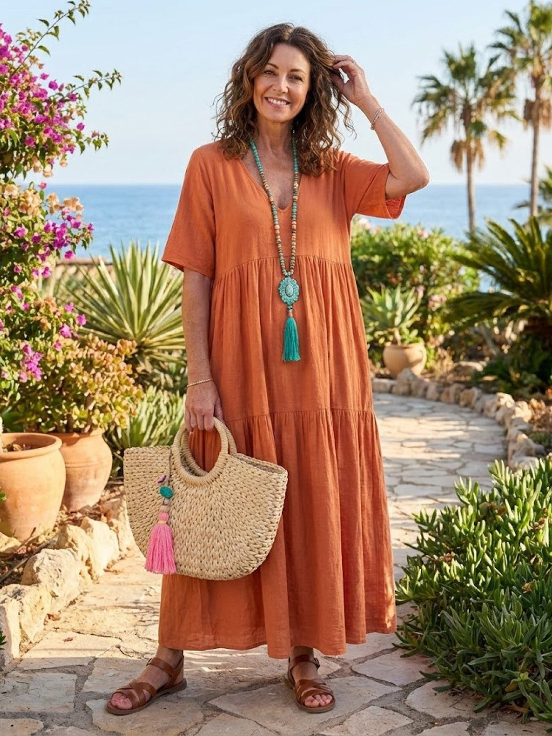 Women's V-Neck Tiered Maxi Swing Dress with Short Sleeves – Zalumo