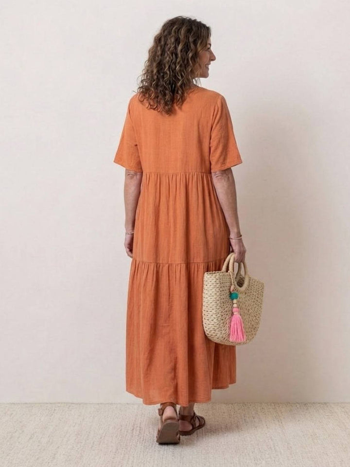 Women's V-Neck Tiered Maxi Swing Dress with Short Sleeves – Zalumo
